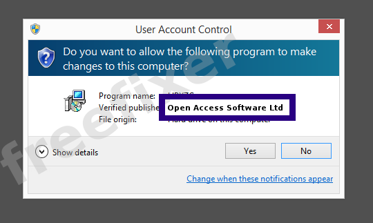 Screenshot where Open Access Software Ltd appears as the verified publisher in the UAC dialog